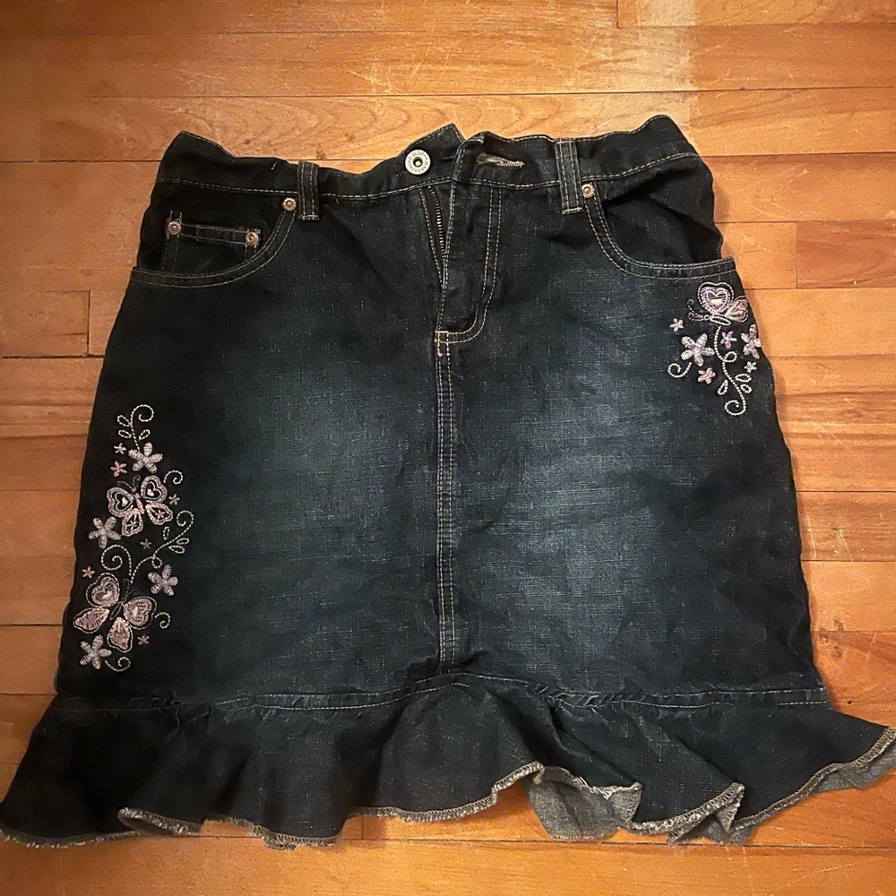 Floral Embroidered Denim Pencil Skirt - Black